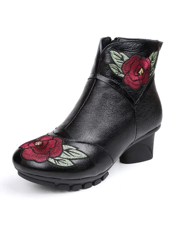 Genuine Leather Embroidered Round Head Winter Boots