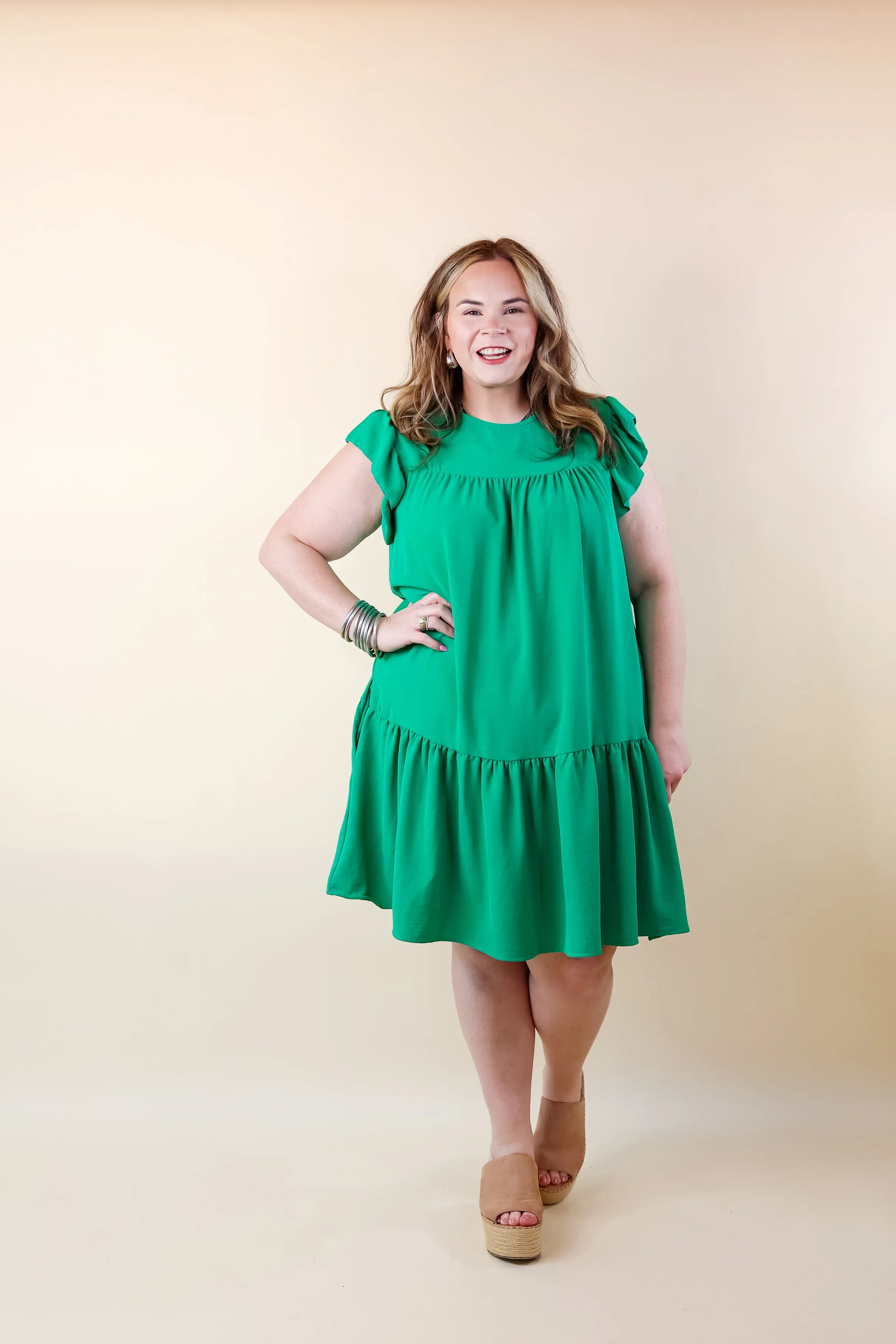 Greek Isles Solid Dress with Ruffle Cap Sleeves in Green