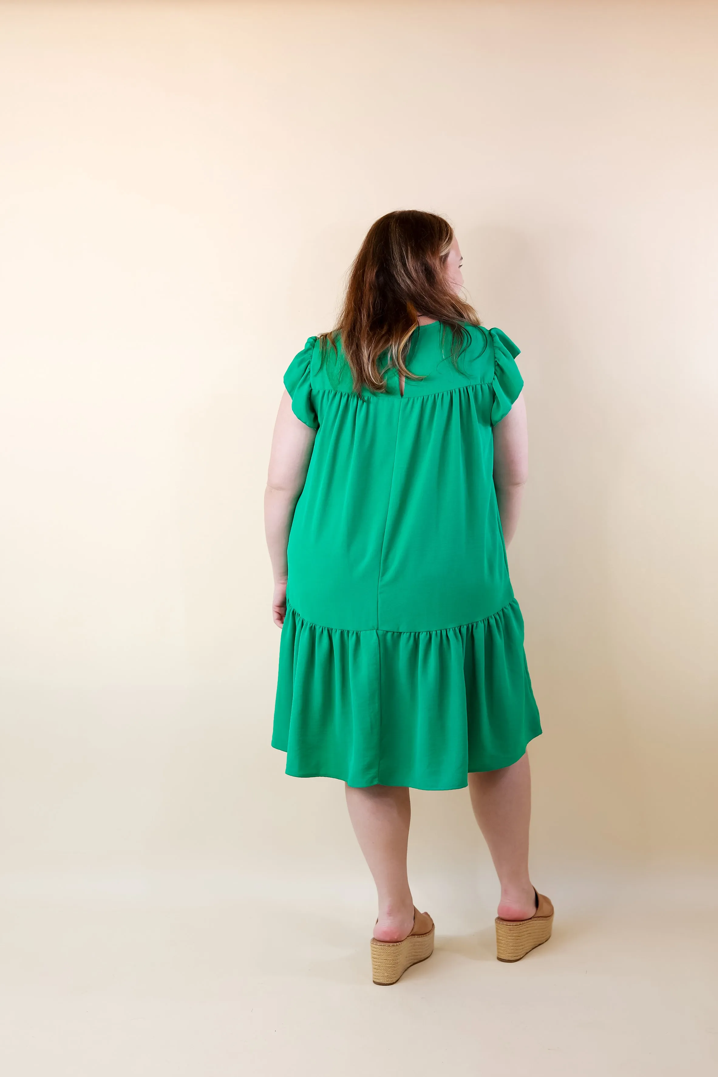 Greek Isles Solid Dress with Ruffle Cap Sleeves in Green