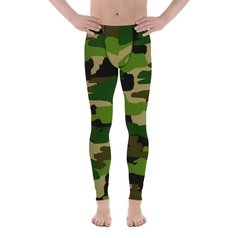 Green Camo Best Army Meggings, Camouflaged Army Printed Men's Leggings Compression Run Tights- Made in USA/EU