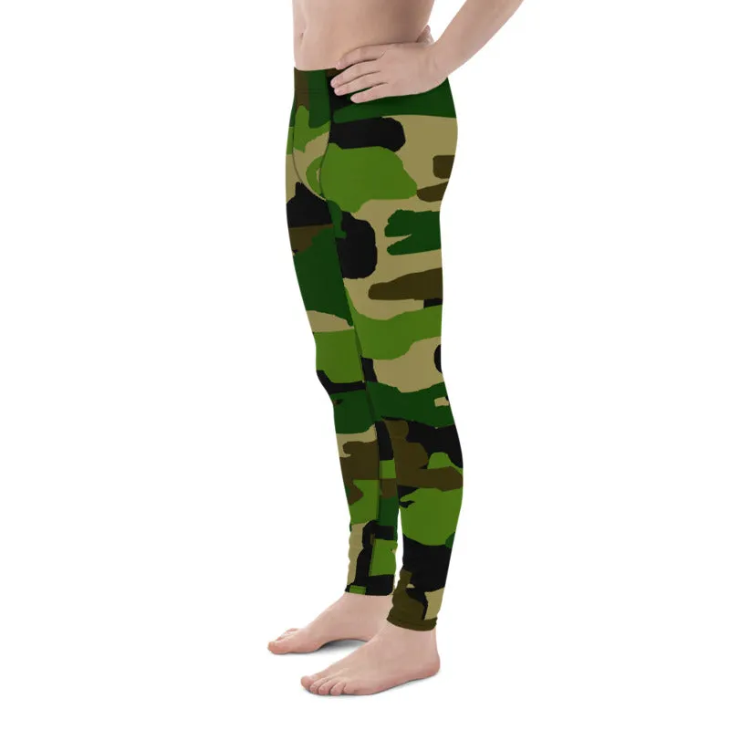 Green Camo Best Army Meggings, Camouflaged Army Printed Men's Leggings Compression Run Tights- Made in USA/EU