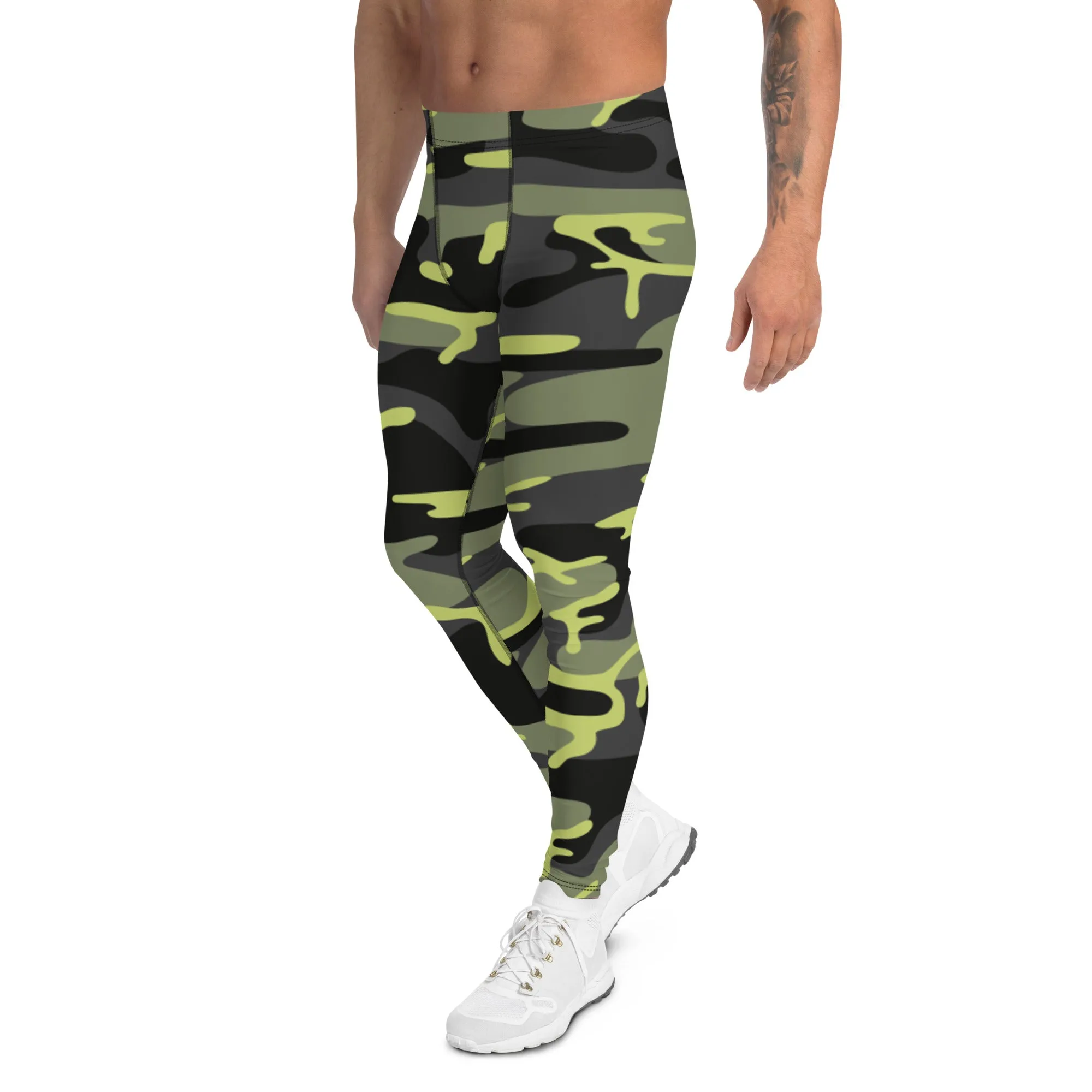 Green Camo Best Men's Leggings, Army Camouflage Premium Quality Meggings Running Tights-Made in USA/EU/MX