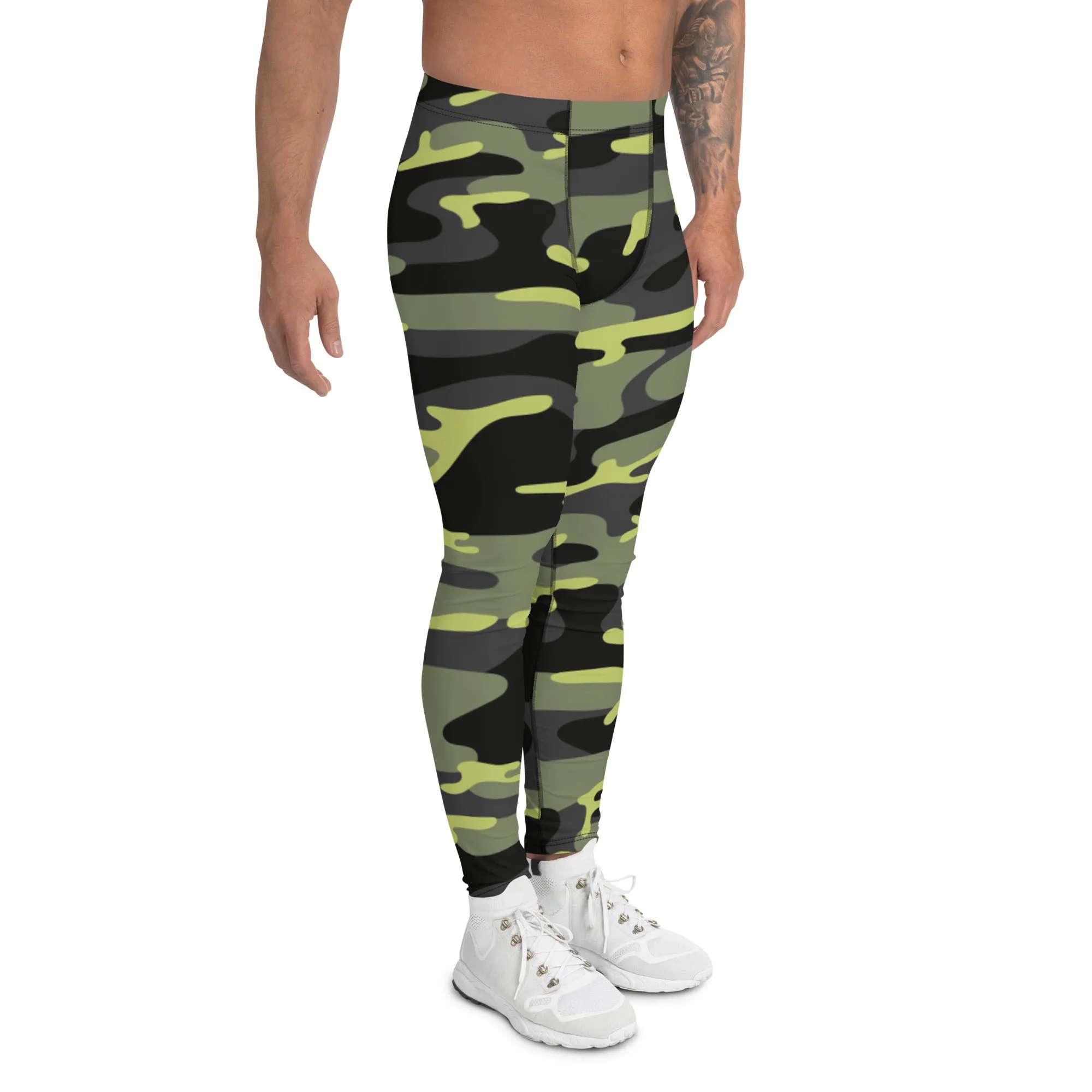 Green Camo Best Men's Leggings, Army Camouflage Premium Quality Meggings Running Tights-Made in USA/EU/MX