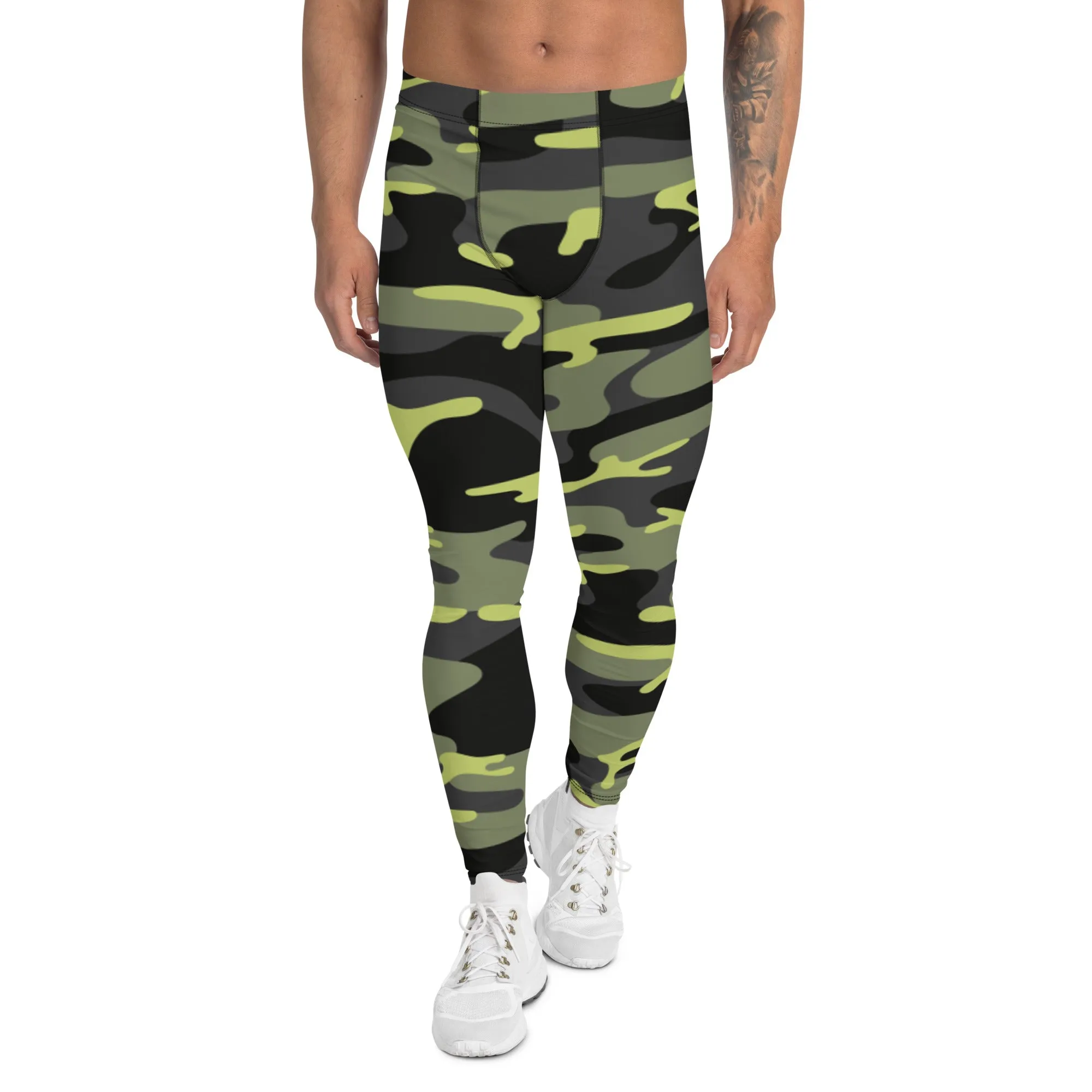 Green Camo Best Men's Leggings, Army Camouflage Premium Quality Meggings Running Tights-Made in USA/EU/MX