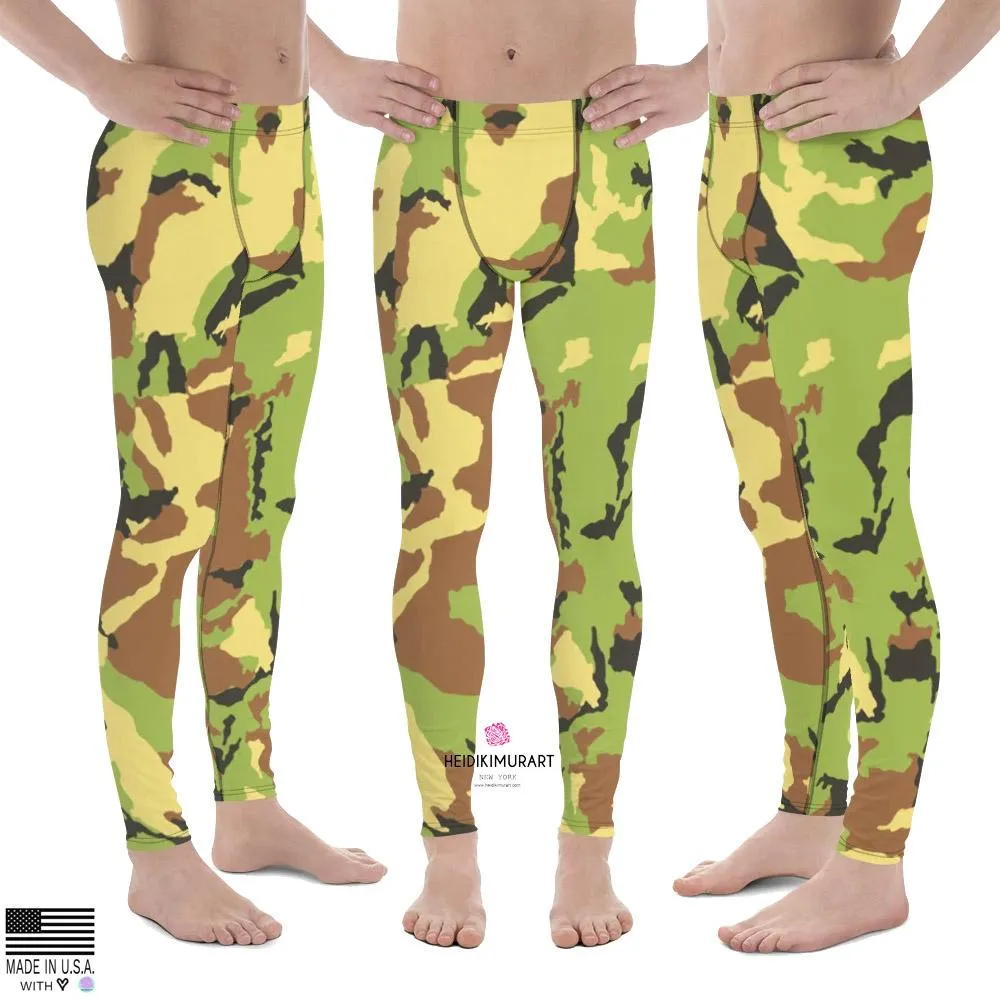 Green Camo Meggings, Green Brown Camouflage Military Army Print Men's Tights-Made in USA/ EU/ MX