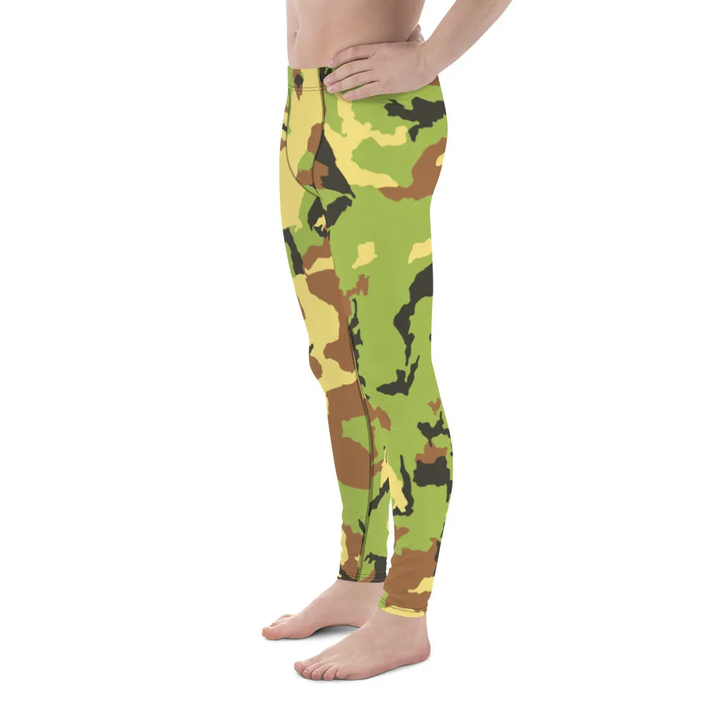 Green Camo Meggings, Green Brown Camouflage Military Army Print Men's Tights-Made in USA/ EU/ MX