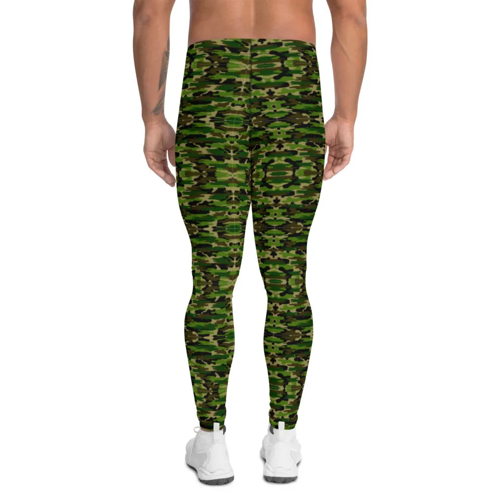 Green Camo Print Men's Leggings, Camouflage Military Print Meggings-Made in USA/EU