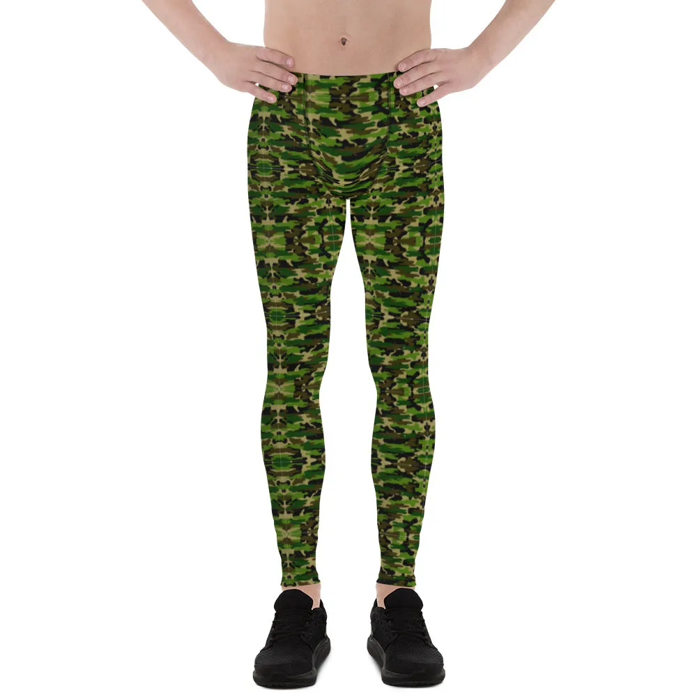 Green Camo Print Men's Leggings, Camouflage Military Print Meggings-Made in USA/EU