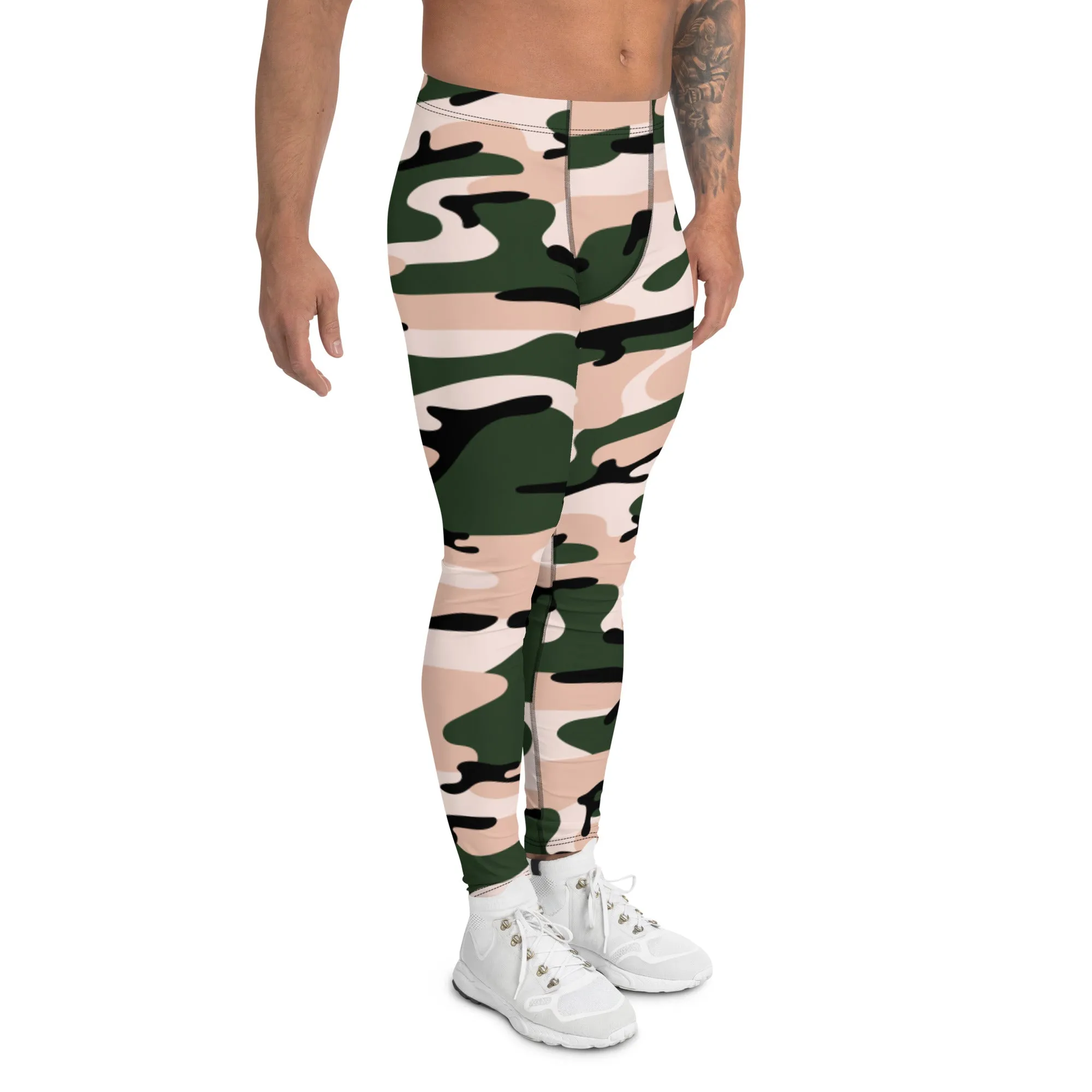 Green Pink Camo Men's Leggings, Army Camouflage Premium Quality Meggings Running Tights-Made in USA/EU/MX