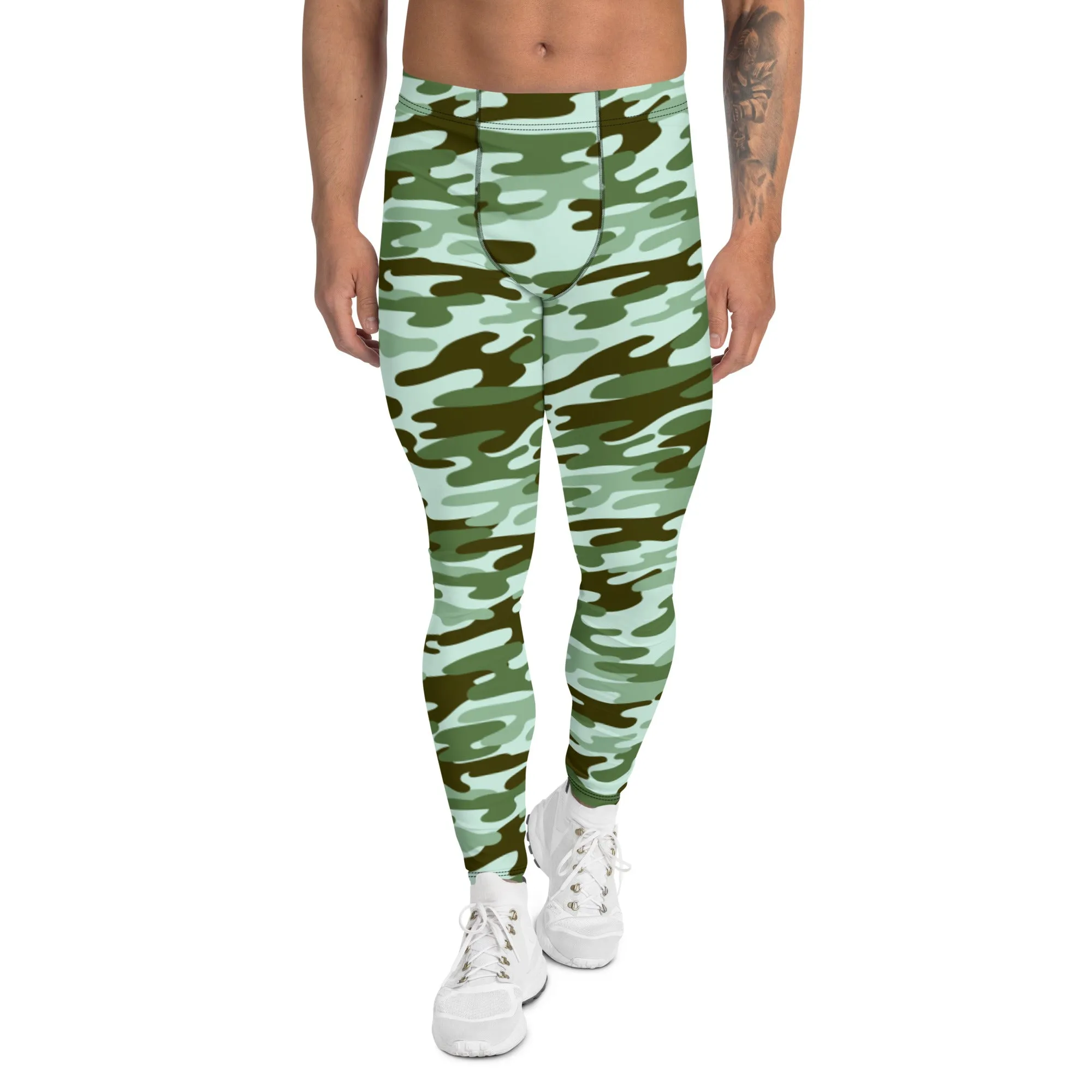 Green Shade Camo Men's Leggings, Army Camouflage Premium Quality Meggings Running Tights-Made in USA/EU/MX