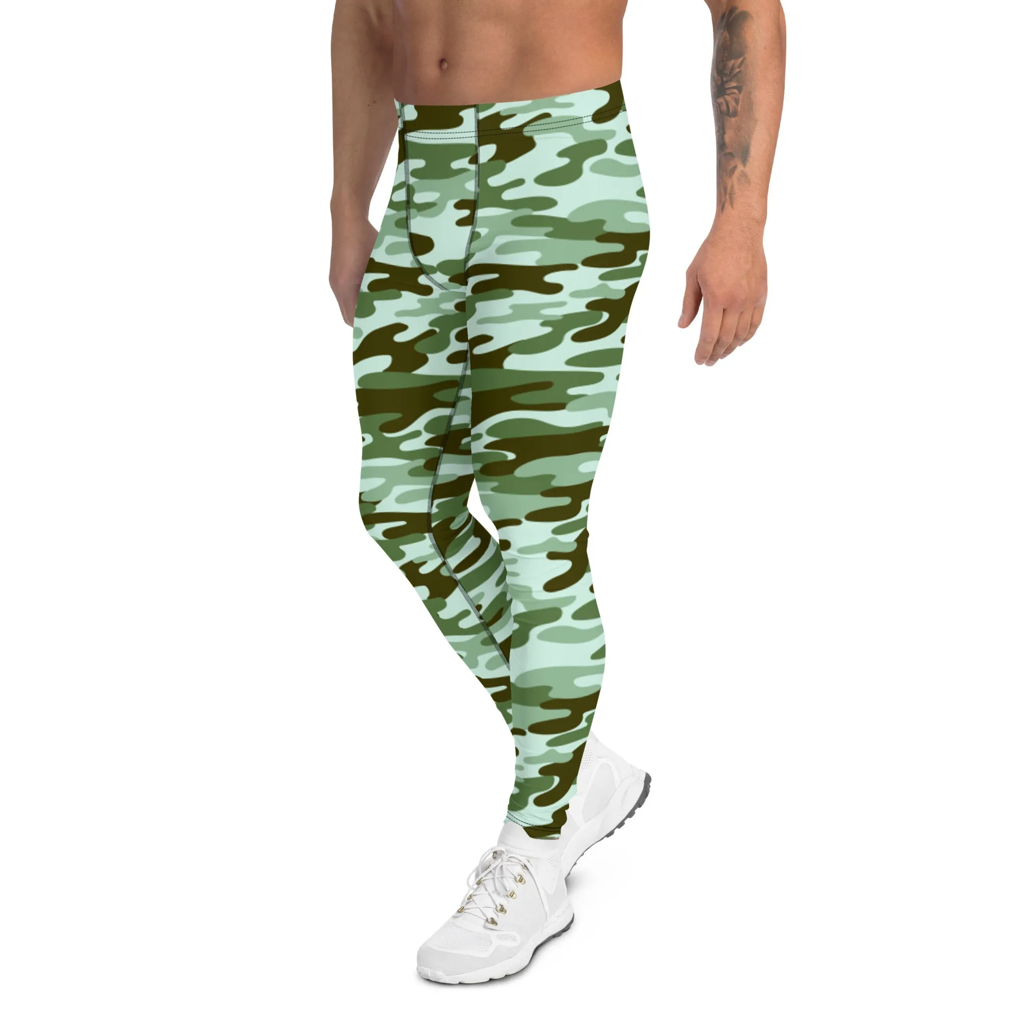 Green Shade Camo Men's Leggings, Army Camouflage Premium Quality Meggings Running Tights-Made in USA/EU/MX