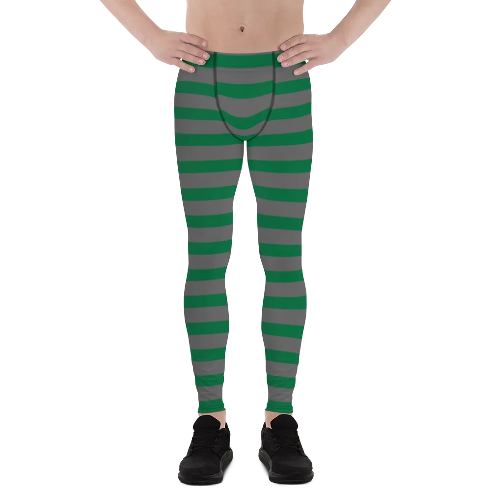 Grey Green Striped Men's Leggings, Horizontally Striped Christmas Style Meggings - Made in USA/EU/MX