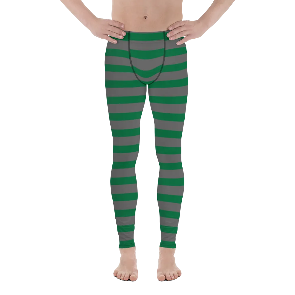 Grey Green Striped Men's Leggings, Horizontally Striped Christmas Style Meggings - Made in USA/EU/MX