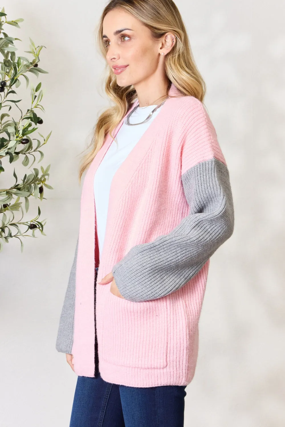 Grey/Blush Open Front Cardigan with Pockets