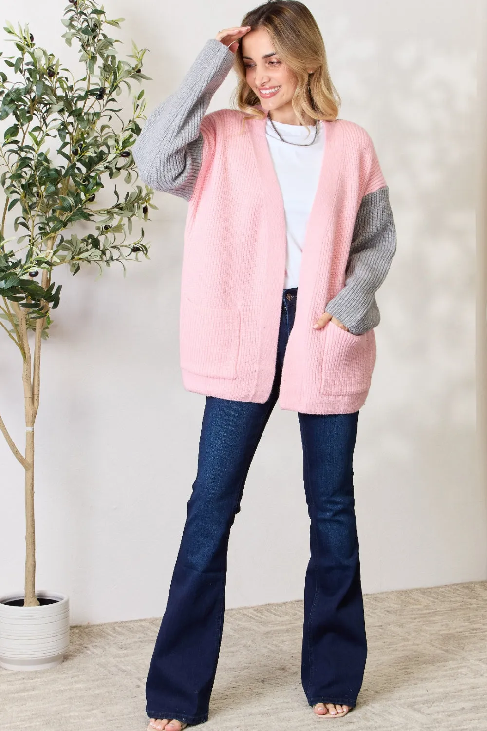 Grey/Blush Open Front Cardigan with Pockets