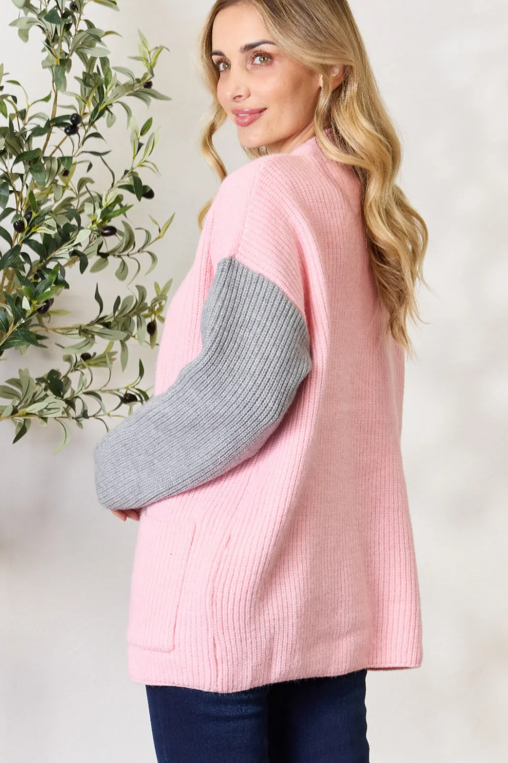 Grey/Blush Open Front Cardigan with Pockets