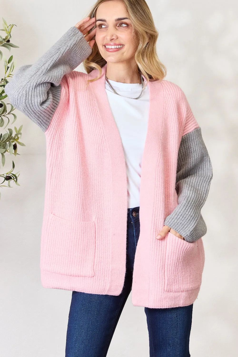 Grey/Blush Open Front Cardigan with Pockets