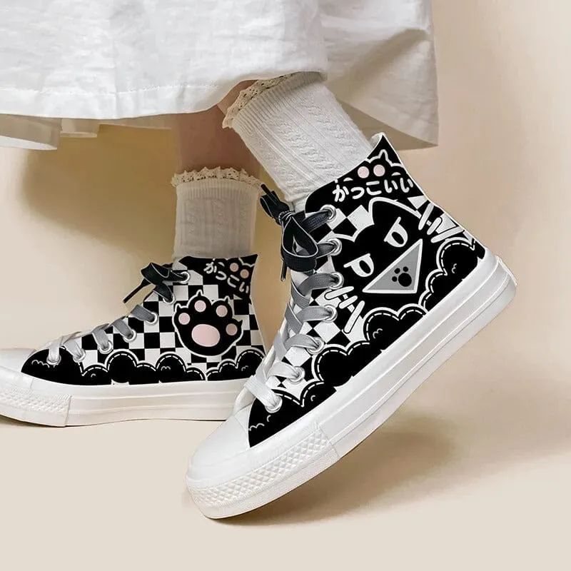 Halloween Edition Scary Neko Cat High Top Canvas Shoes - Unisex