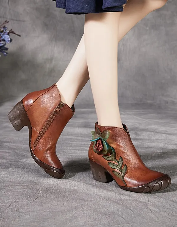 Handmade Retro Elegant Flower Chunky Boots