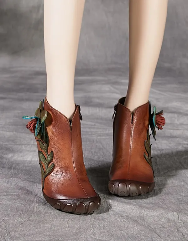 Handmade Retro Elegant Flower Chunky Boots