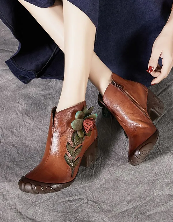 Handmade Retro Elegant Flower Chunky Boots