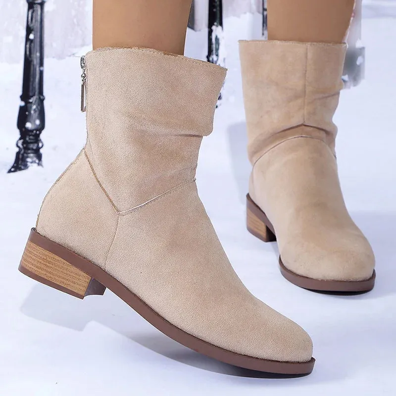 Hnzxzm Autumn Womens Solid Pleated Ankle Boots Fashion Faux Suede Square Heel Boots Ladies Round Toe Back Zipper Office Shoes Boats