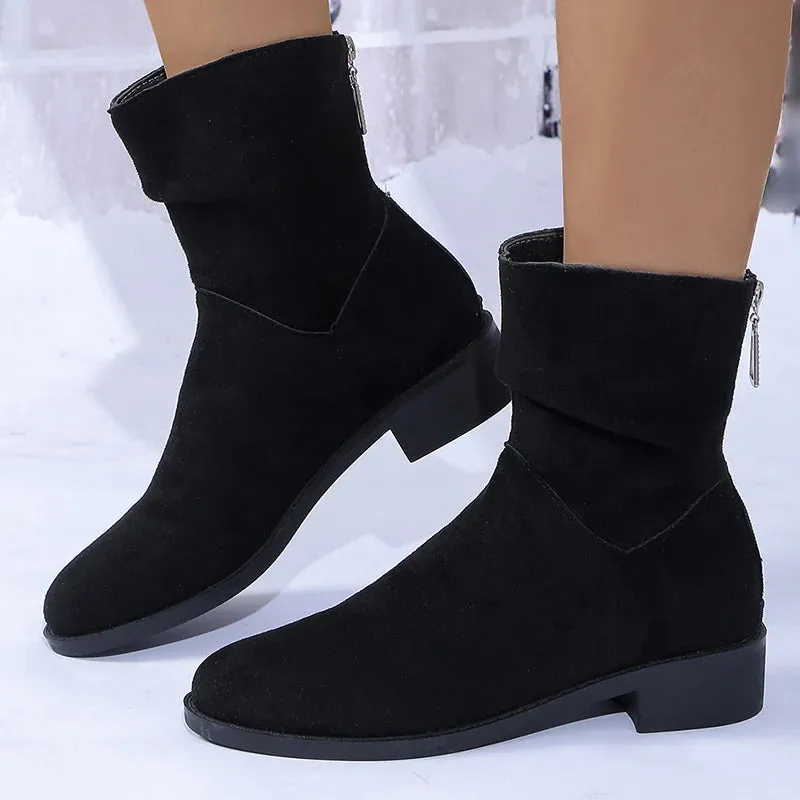 Hnzxzm Autumn Womens Solid Pleated Ankle Boots Fashion Faux Suede Square Heel Boots Ladies Round Toe Back Zipper Office Shoes Boats