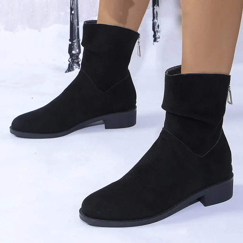 Hnzxzm Autumn Womens Solid Pleated Ankle Boots Fashion Faux Suede Square Heel Boots Ladies Round Toe Back Zipper Office Shoes Boats