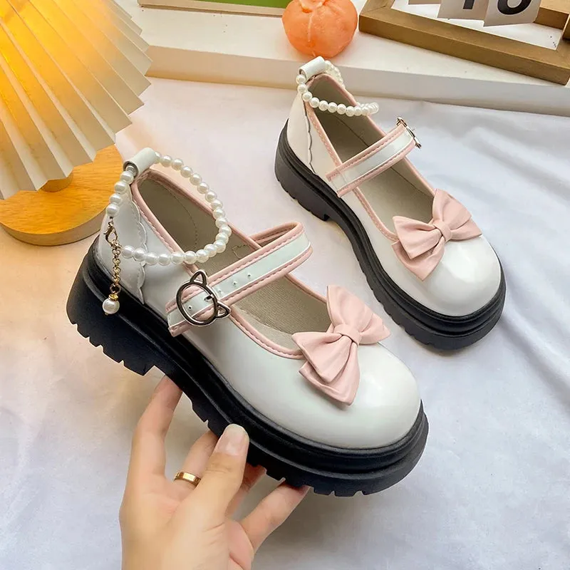 Hnzxzm Summer Female Shoes Fashion Mary Jane Shoes Round Head Band Heel Shoes Women Bow Pearl Square Heel Low-top Pumps