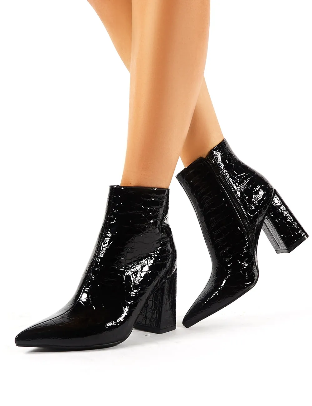 Hollie Pointed Toe Ankle Boots in Black Croc