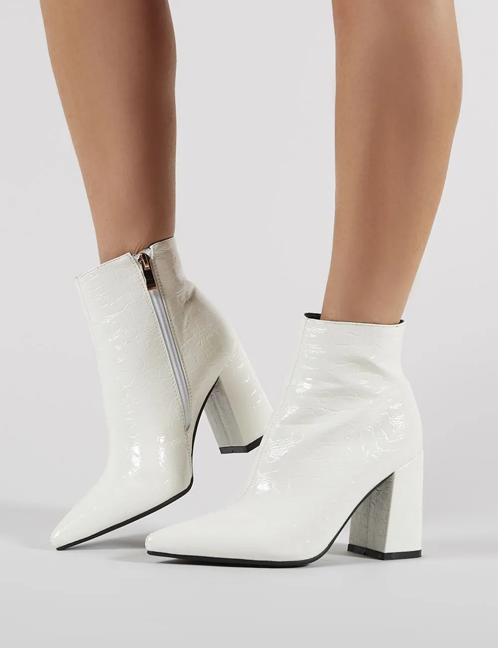 Hollie Pointed Toe Ankle Boots in White Croc