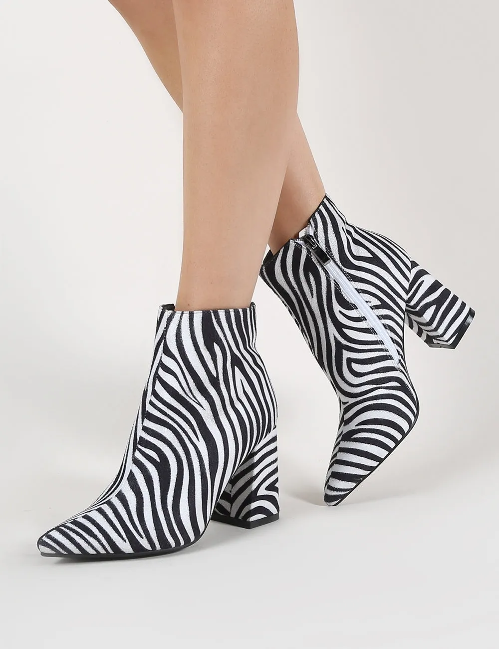 Hollie Pointed Toe Ankle Boots in Zebra Print