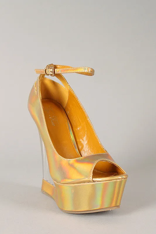 Hologram Lucite Ankle Strap Platform Wedge