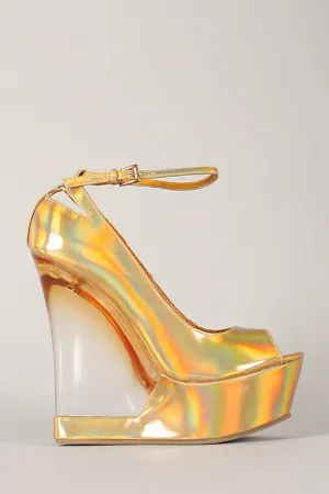 Hologram Lucite Ankle Strap Platform Wedge