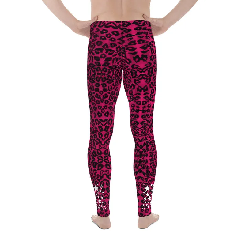 Hot Pink Leopard Star Meggings, Premium Men's Leggings Run Tights-Made in USA/EU