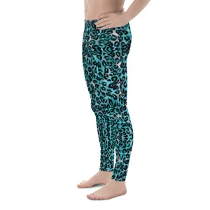 Light Blue Leopard Meggings, Animal Print Men's Leggings Running Tights-Made in USA/EU