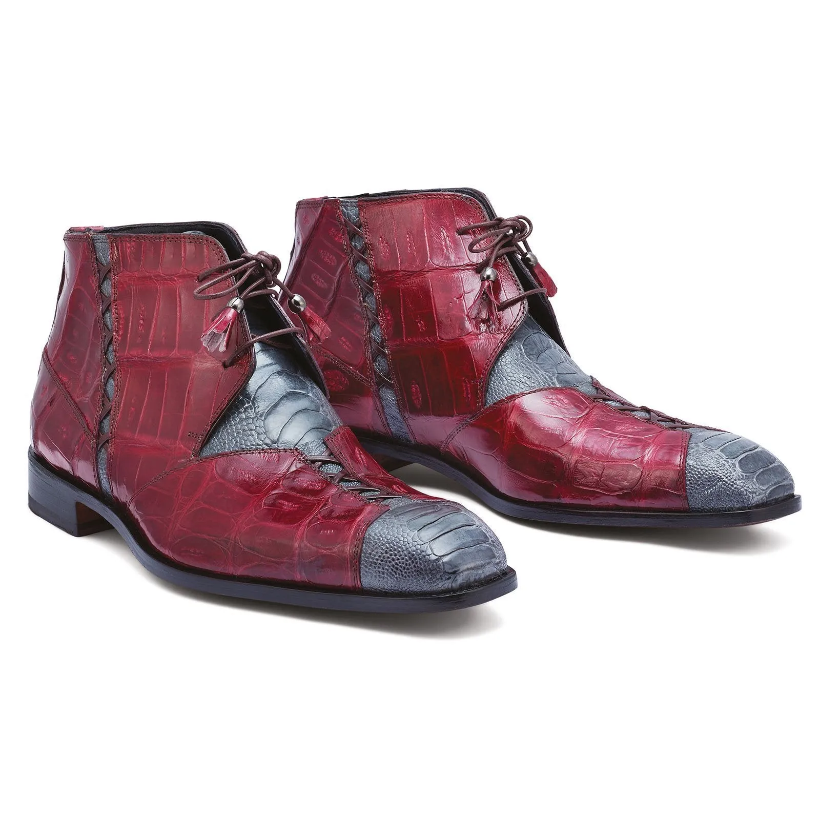 Mauri Harlem 4926 Men's Shoes Gray & Red Exotic Crocodile / Ostrich Leg Chukka Boots (MA5264)