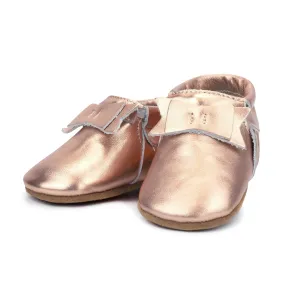 Metallic Rose Gold Leather Bow Moccasins