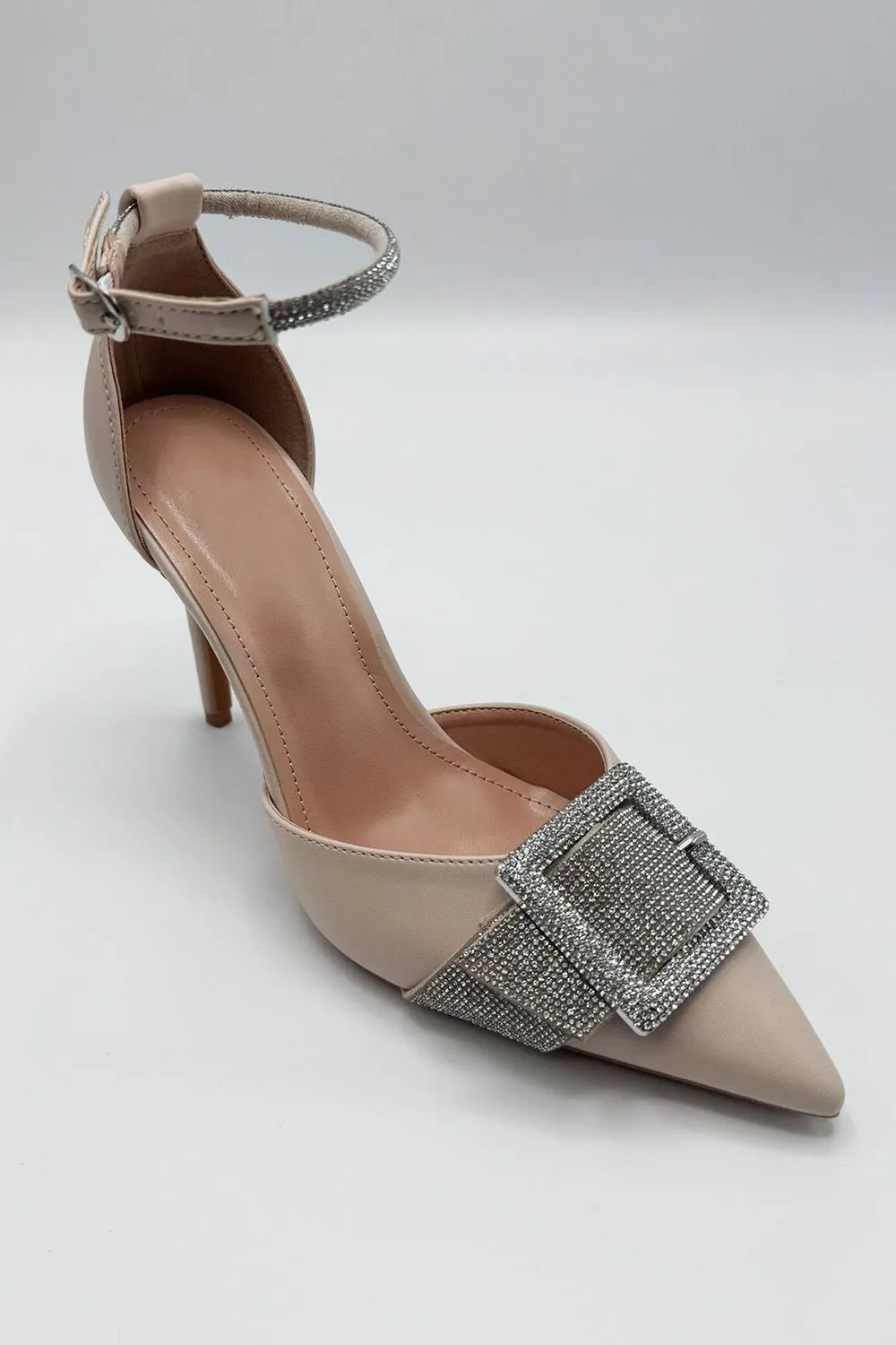 Michaela Diamante Clasp Detail Ankle Strap Court Shoes in Beige