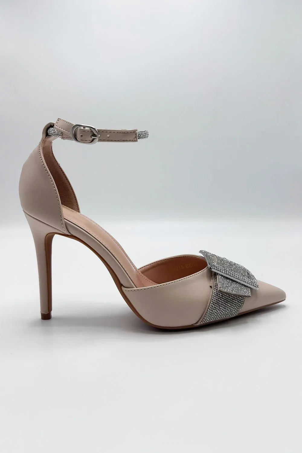 Michaela Diamante Clasp Detail Ankle Strap Court Shoes in Beige