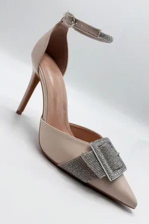 Michaela Diamante Clasp Detail Ankle Strap Court Shoes in Beige