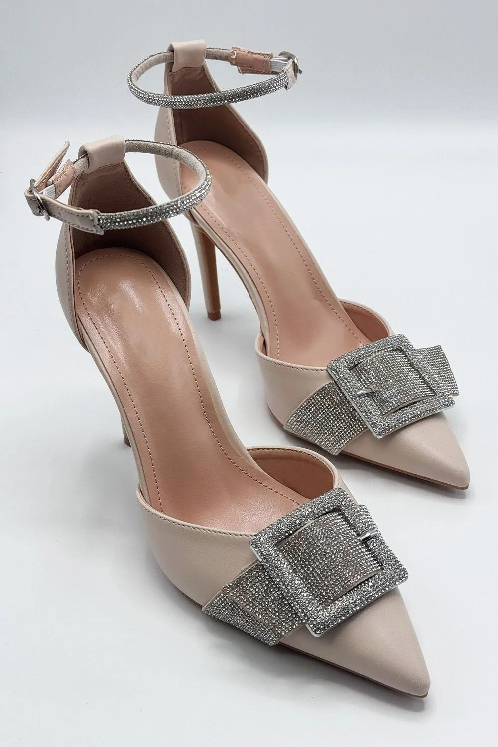 Michaela Diamante Clasp Detail Ankle Strap Court Shoes in Beige