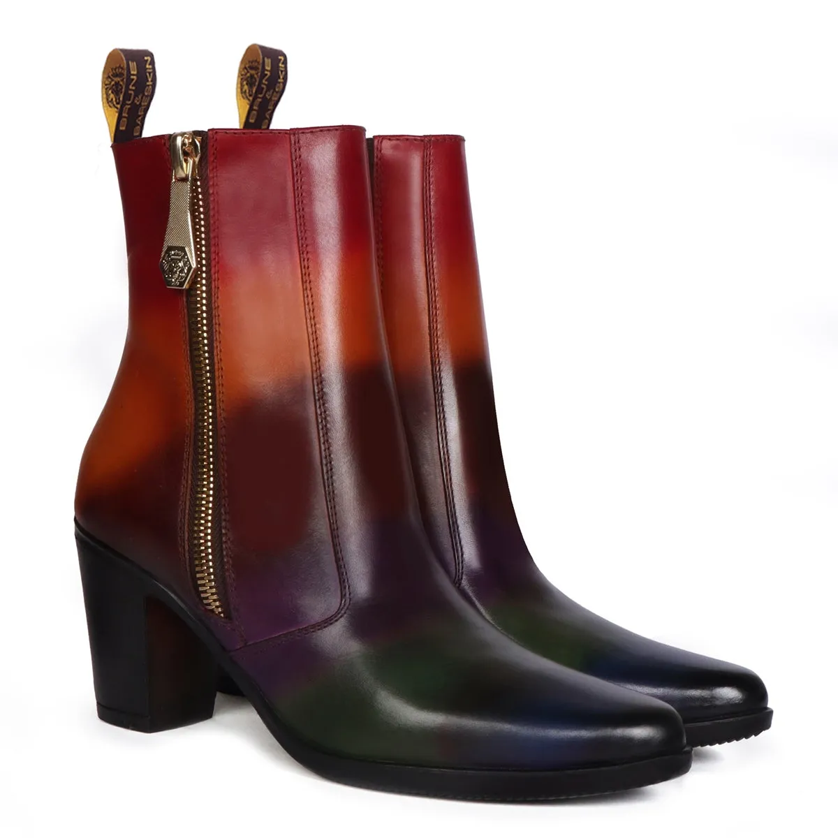 Multi Colored Leather Ladies Blocked Heel Boots Pointed Toe Zip Closure by Brune & Bareskin