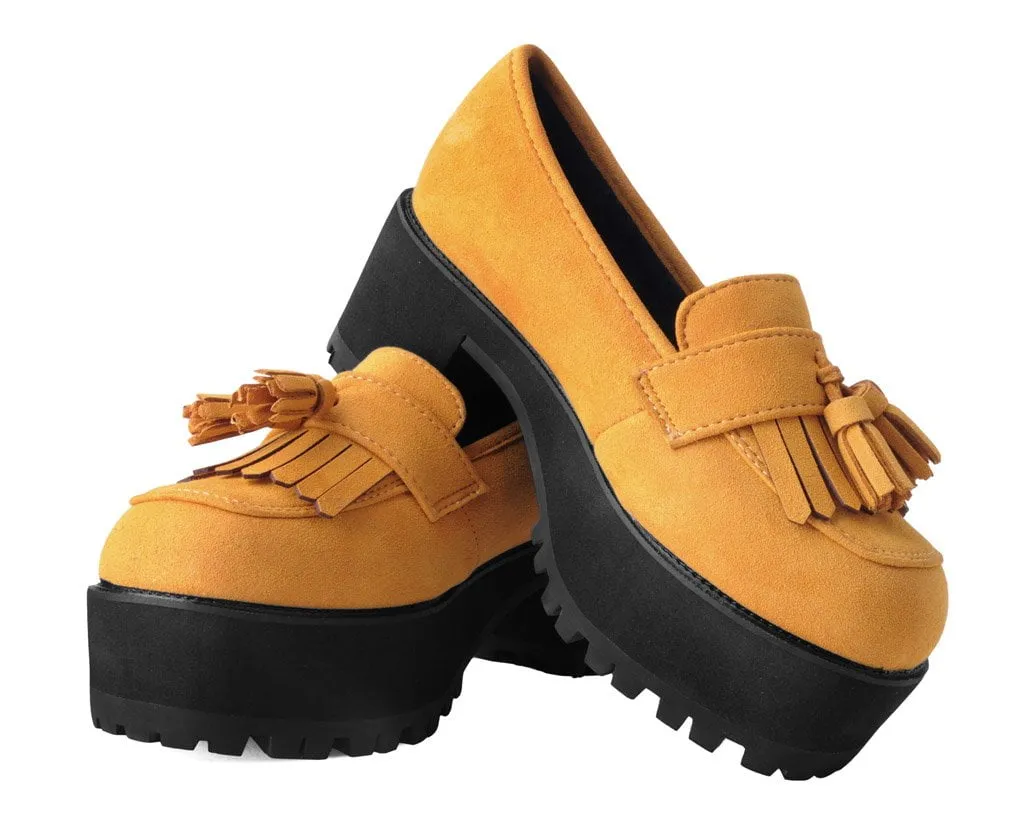 Mustard Faux Suede Fringe Loafer Platform