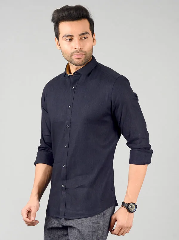 Navy Blue Solid Slim Fit Party Wear Shirt | JB Studio