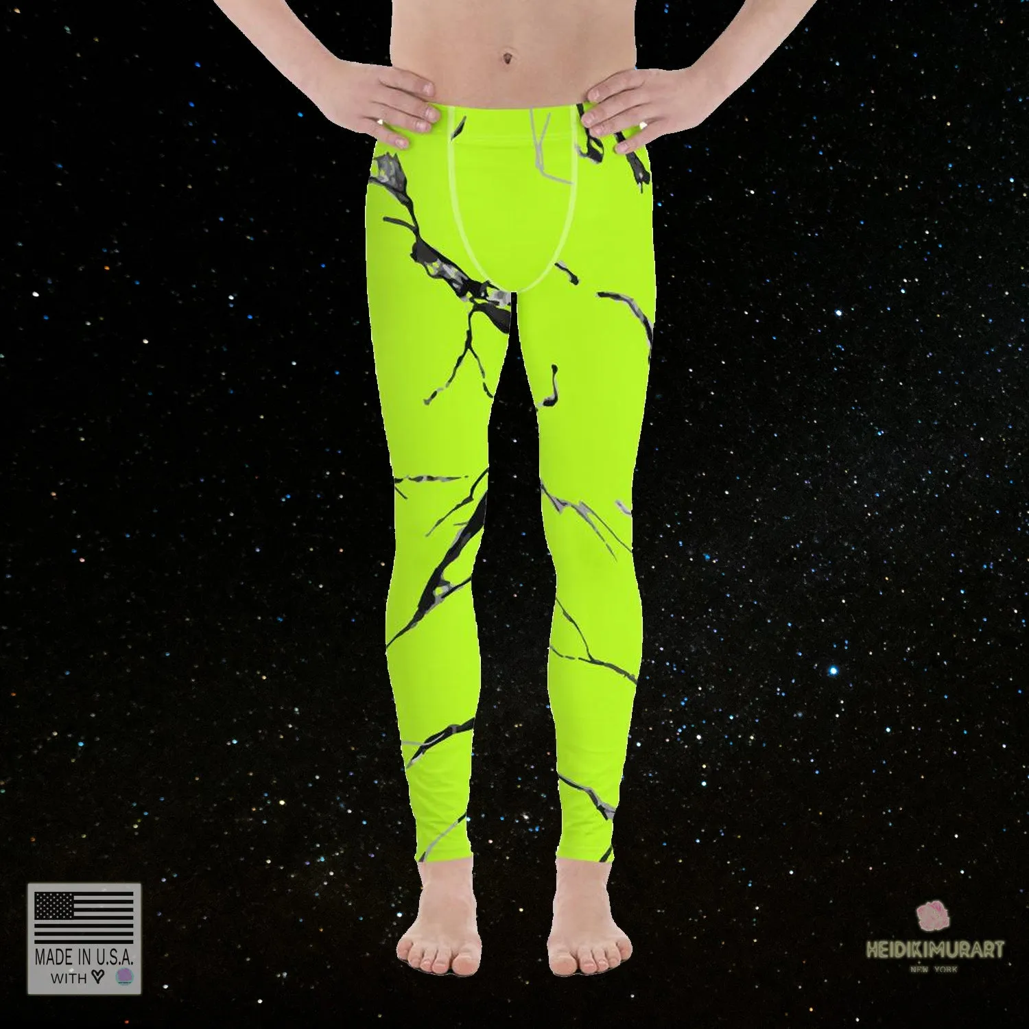 Neon Green Marble Meggings, Marble Texture Print Sexy Men's Workout Gym Tights Leggings