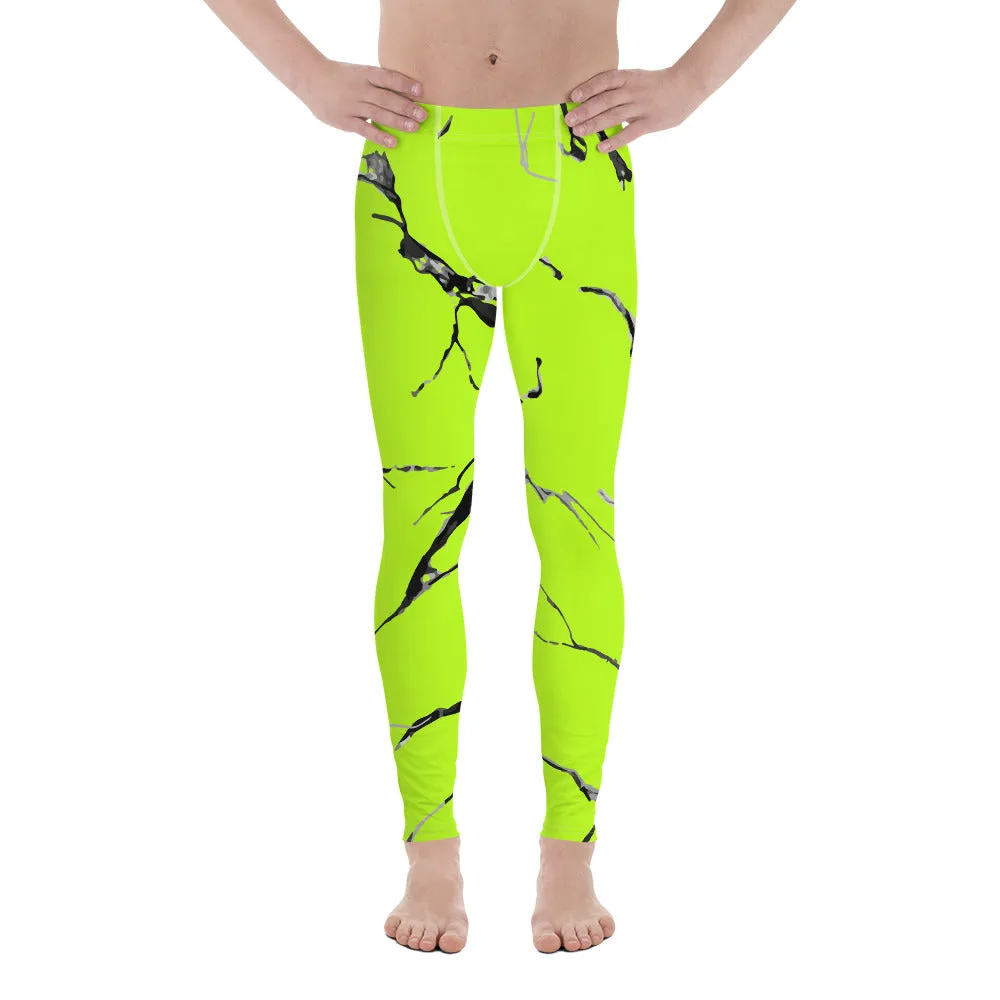 Neon Green Marble Meggings, Marble Texture Print Sexy Men's Workout Gym Tights Leggings