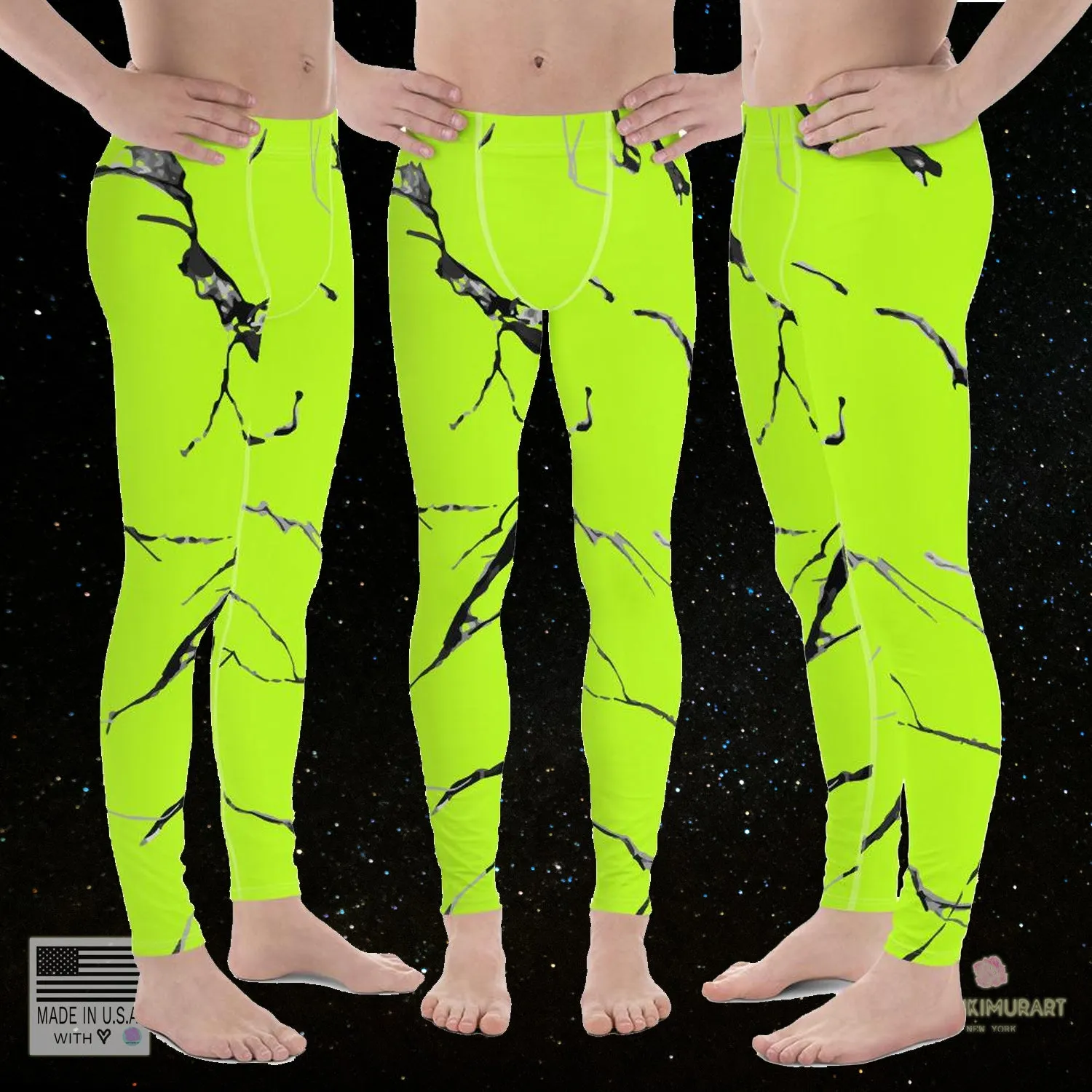 Neon Green Marble Meggings, Marble Texture Print Sexy Men's Workout Gym Tights Leggings