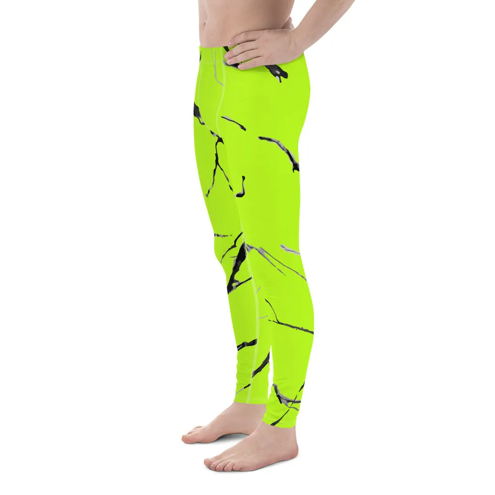 Neon Green Marble Meggings, Marble Texture Print Sexy Men's Workout Gym Tights Leggings