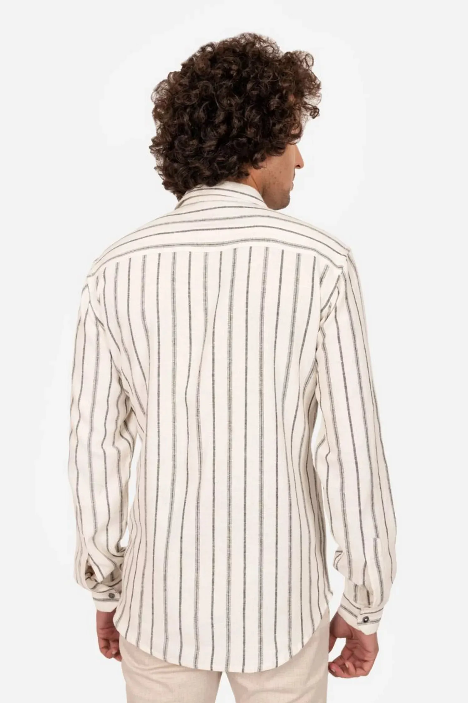 Off White And Black Striped Linen Shirt